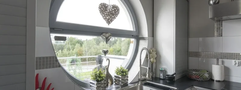 Moderne Küche mit rundem DRUTEX IGLO 5 Classic Fenster und stilvollem Tageslichteinfall